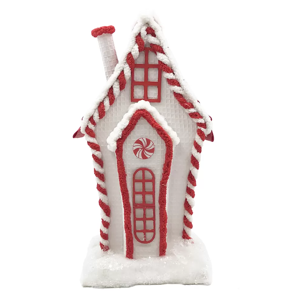 Christmas Forever CANDY HOUSE TABLE DECOR SNOWED 13″ RED/WHITE GLITTER