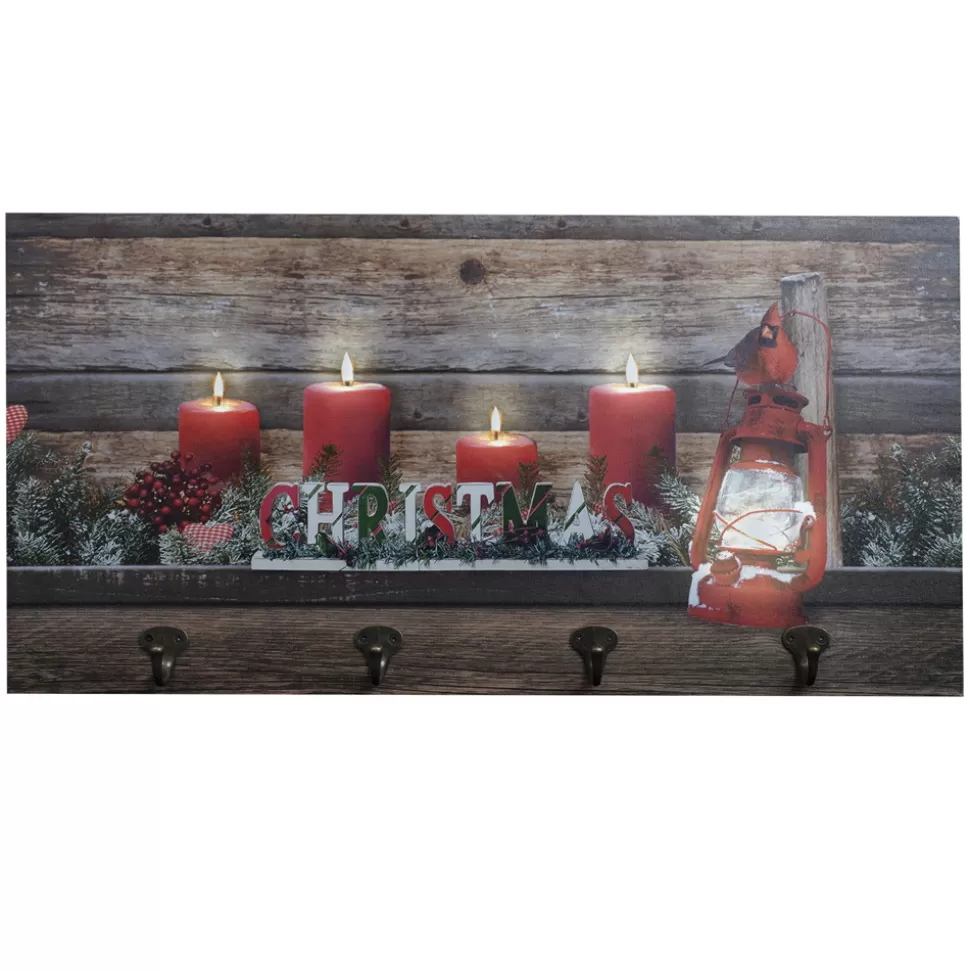 Christmas Forever CANVAS 24″X12″ 5LED RED CANDLES AND LAMP W/4 COAT HOOKS BF