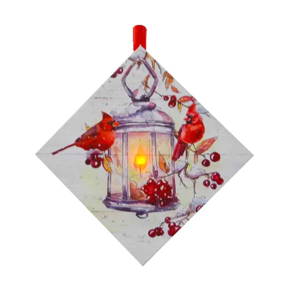 Christmas Forever CANVAS 5″X5″ 1 LED W/ CARDINAL ON A BIRD HOUSE