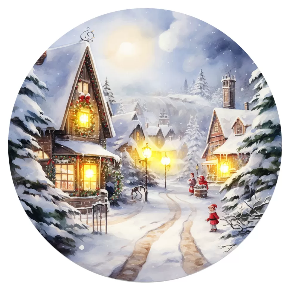 Christmas Forever CANVAS ROUND 12″x12″ LIGHT UP VILLAGE 5PCS LED+6/18TIMER