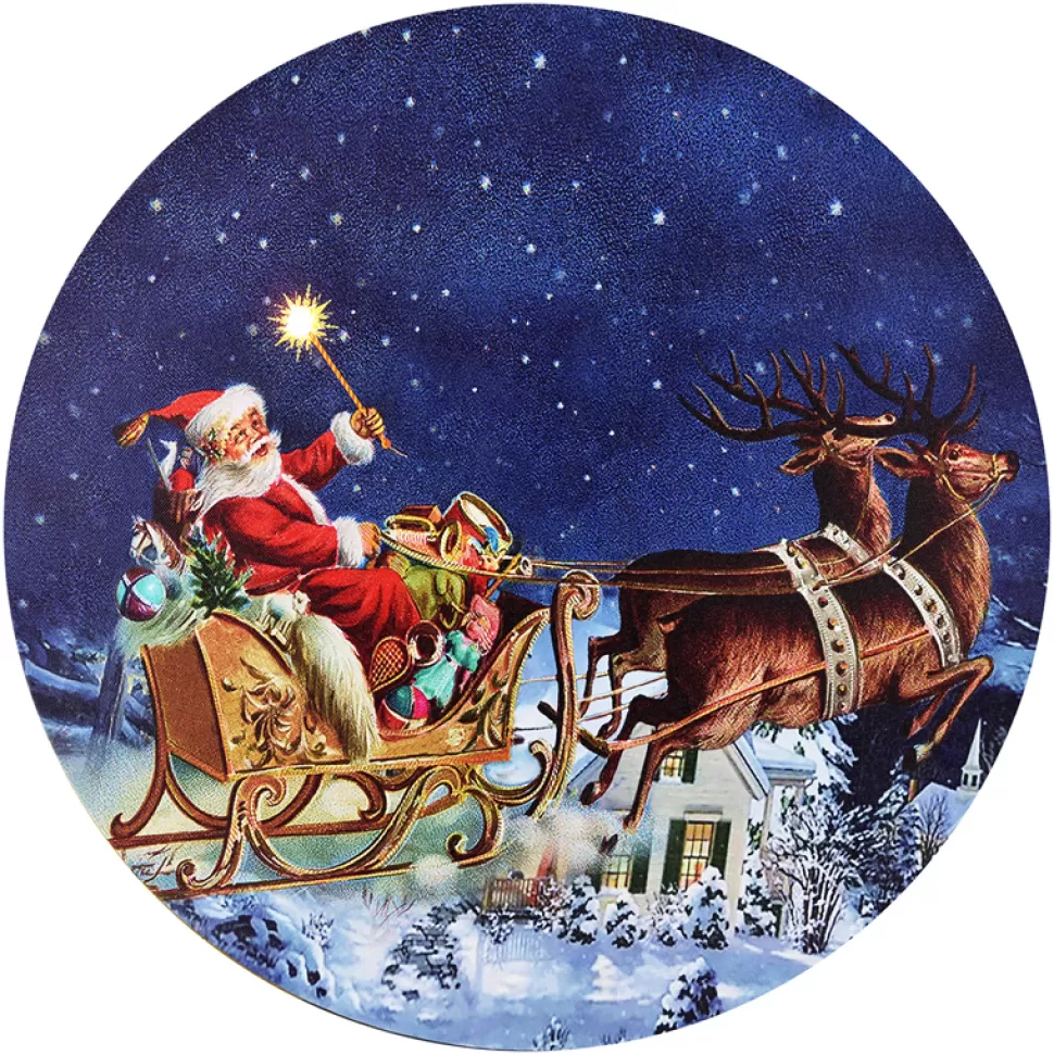 Christmas Forever CANVAS ROUND 16″ DIA 1 LED 30 FIBERS SANTA ON SLEIGH (TMR)
