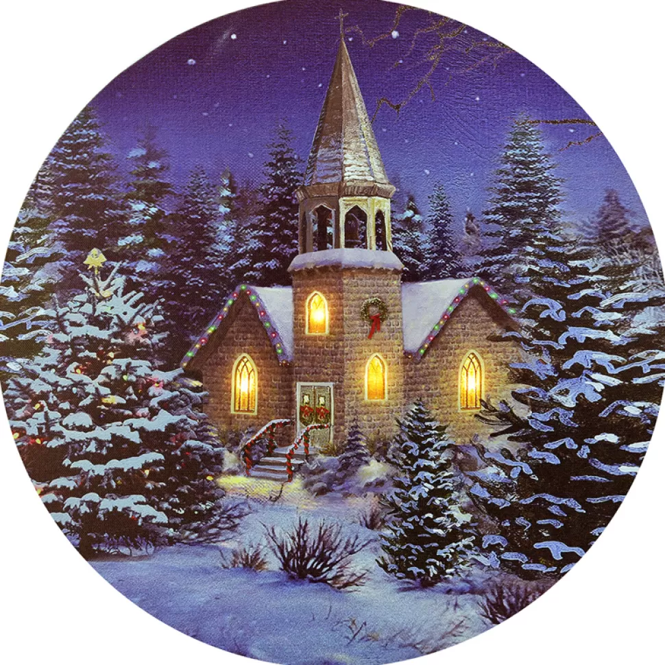 Christmas Forever CANVAS ROUND 16″ DIA 4 LED CHURCH W/ SNOW (TMR)