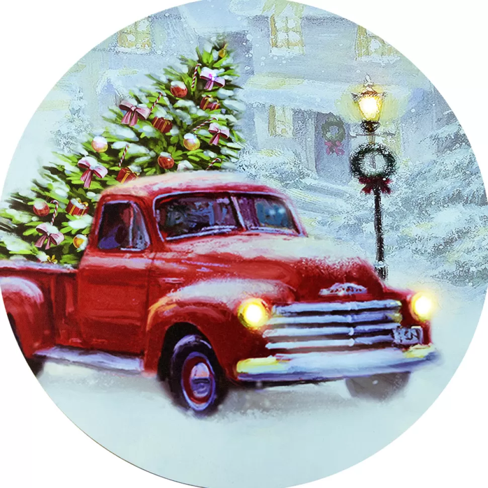 Christmas Forever CANVAS ROUND 16″ DIA 6 LED RED CAR W/ XMAS TREE (TMR)