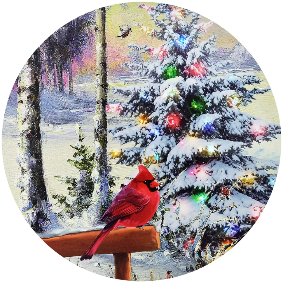 Christmas Forever CANVAS ROUND 16″ DIA 6 LED XMAS TREE & CARDINAL (TMR)
