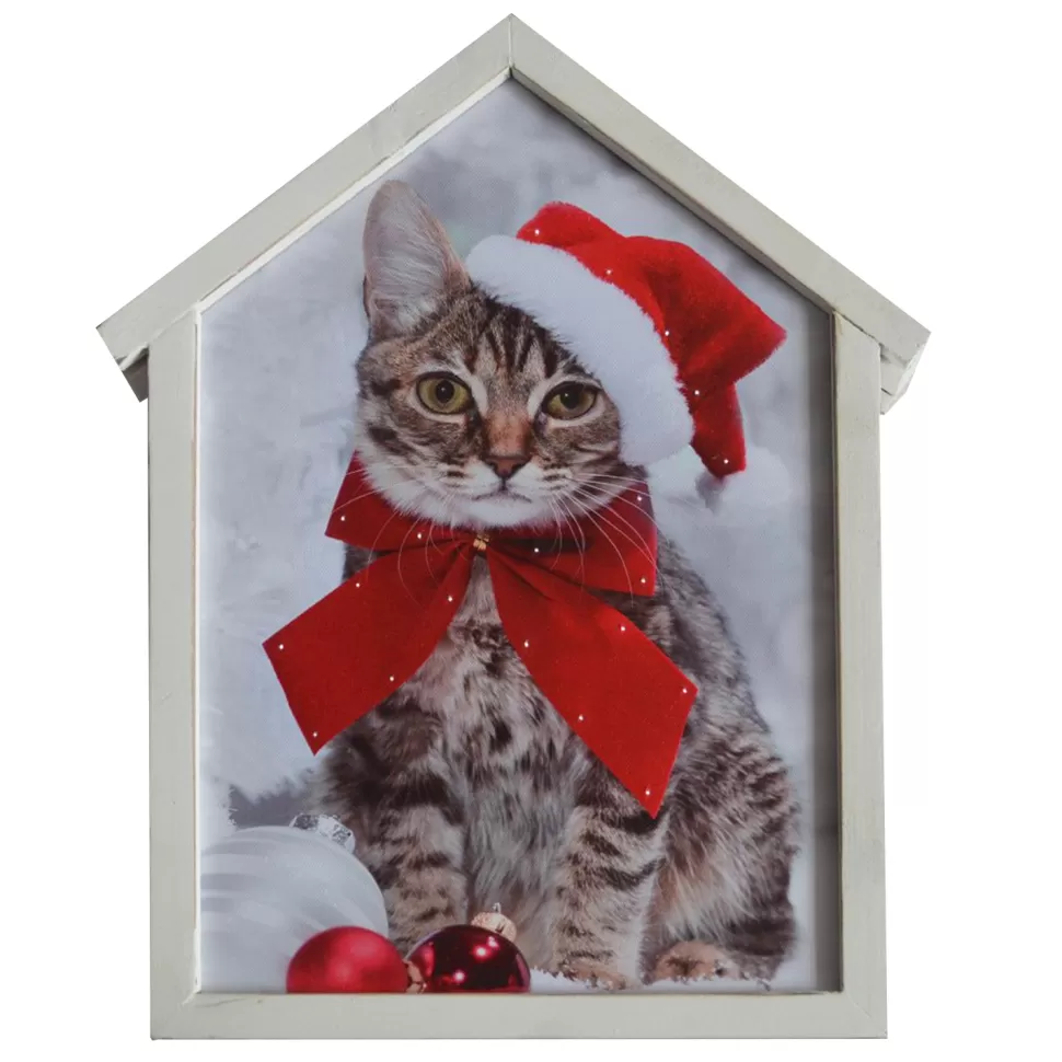 Christmas Forever CANVAS W/ FRAME 12″X15″20 LED CAT W/ SANTA HAT W/TIMER