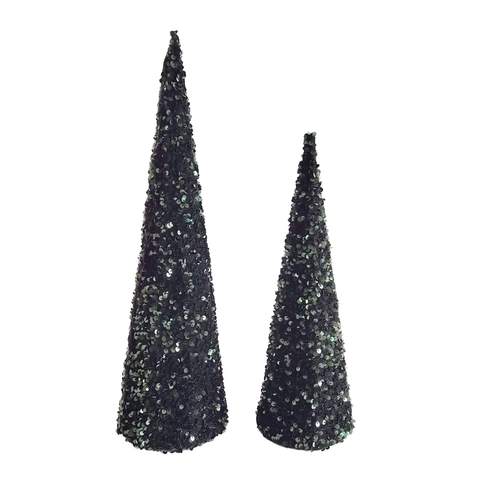 Christmas Forever CONE TREE FABRIC 14″/18″ SEQUINS | GLITTER | SHINY SET OF 2 – DARK GREEN