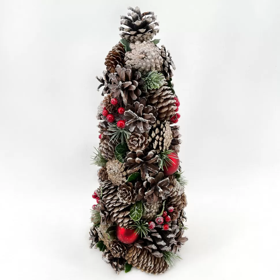Christmas Forever CONE TREE NATURAL PINECONE 16″ WHITE WASHED W/ RED BALLS