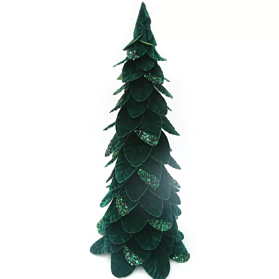 Christmas Forever CONE TREE VELVET EMERALD GREEN LEAVES 26″ W/ VELVET GLITTER