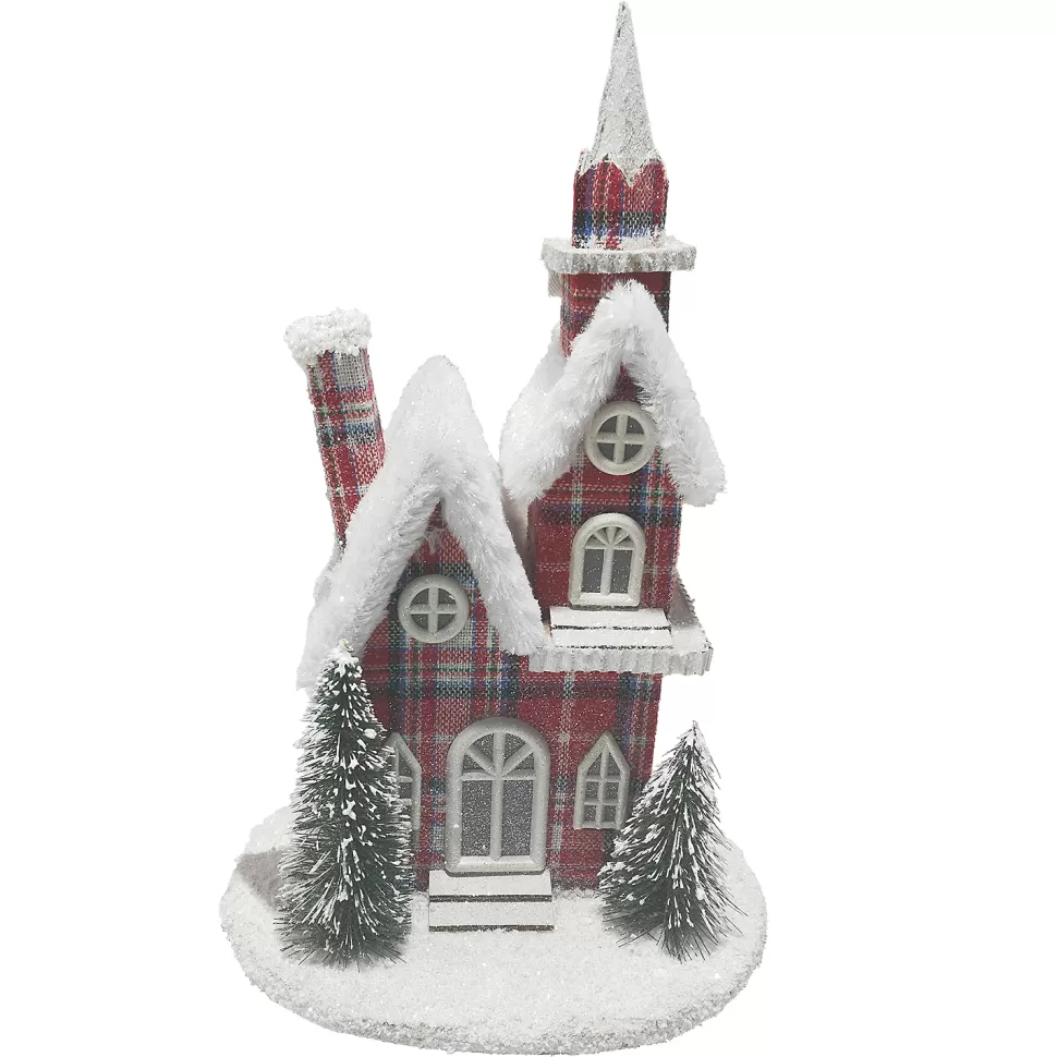 Christmas Forever COTTAGE HOUSE9.5″x14.5″ RED/PLAID W/ SNOW ROOF LED LIGHT-UP W/ TIMER
