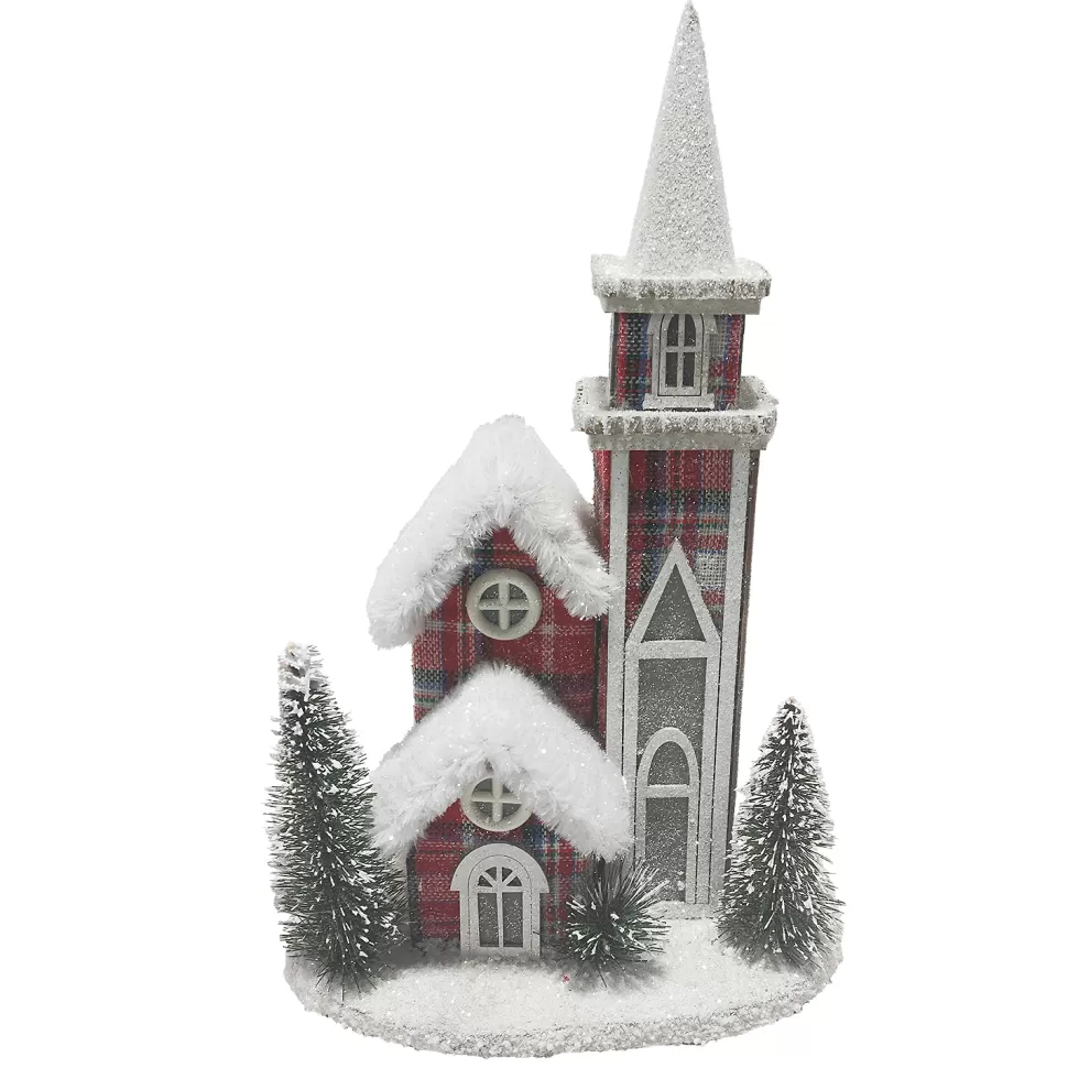 Christmas Forever COTTAGE HOUSE 9″x14″ RED/PLAID W/ SNOW ROOF LED LIGHT-UP W/ TIMER