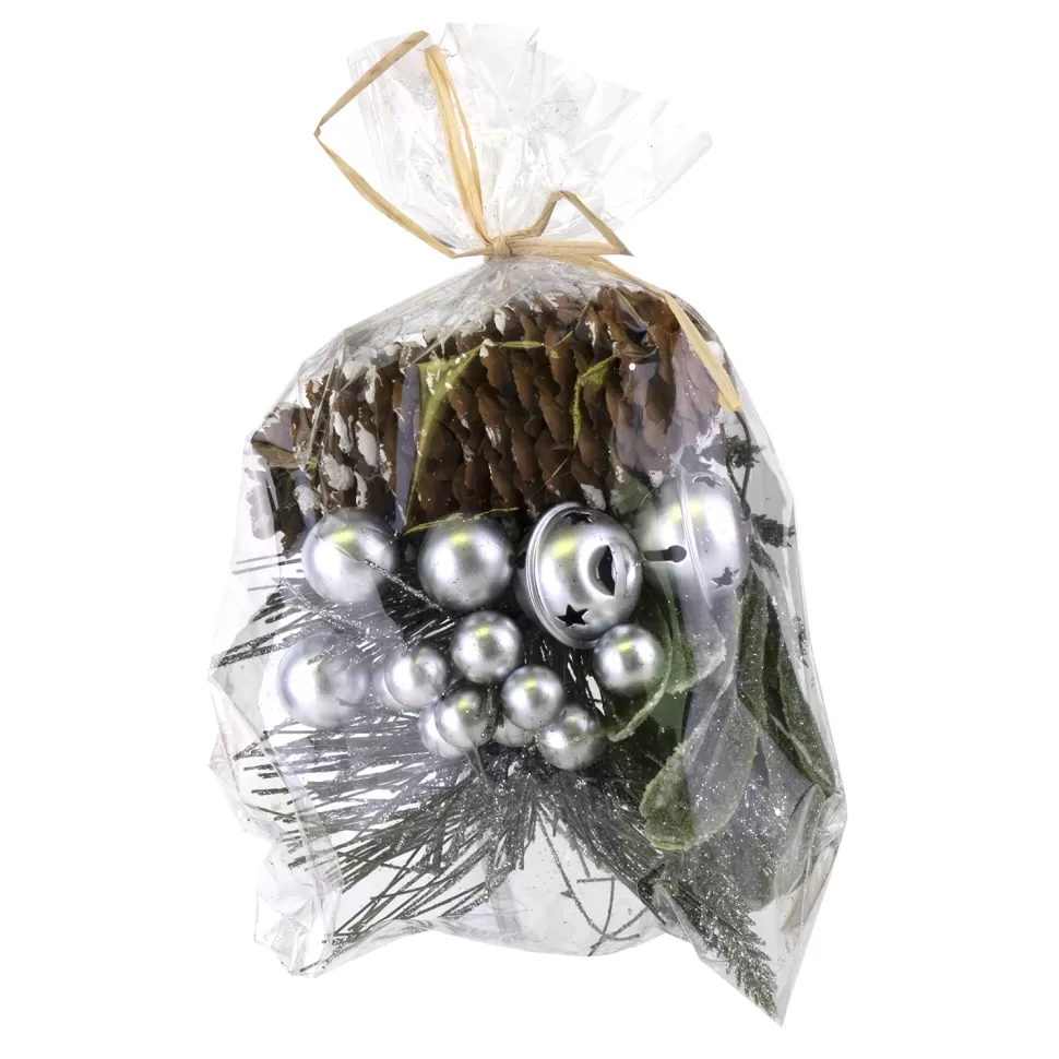 Christmas Forever CRAFT BAG 5″X6″ SILVER BERRIES & BELLS W/ PINE CONES