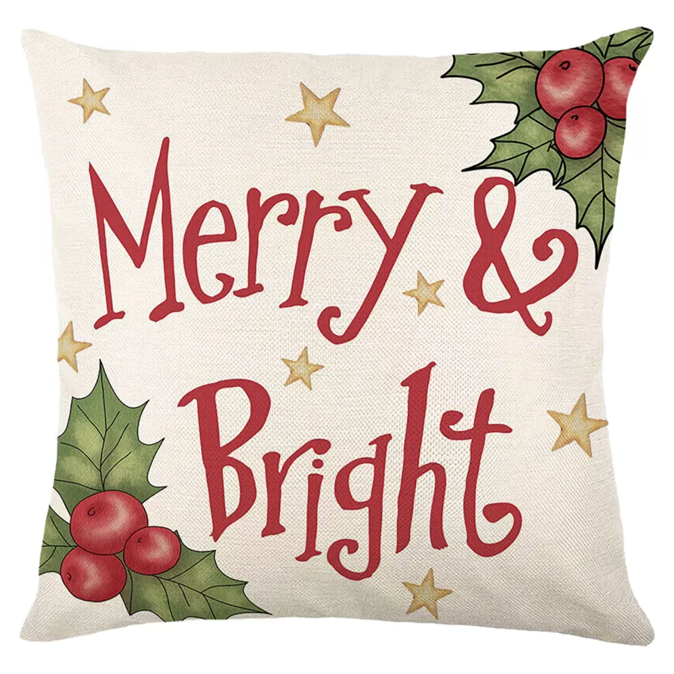 Christmas Forever CUSHION DECORATIVE 16″x16″ “MERRY & BRIGHT” IVORY/RED/GREEN