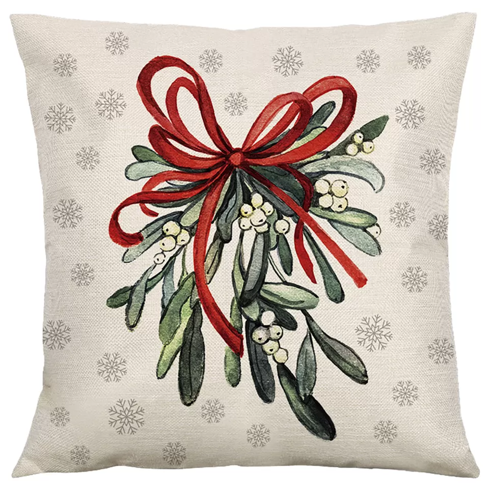 Christmas Forever CUSHION DECORATIVE 16″x16″ MISTLETOE IVORY/GREEN/RED