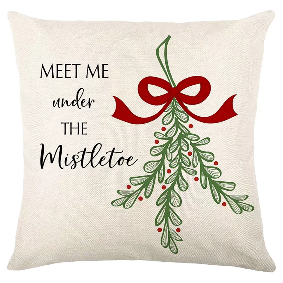 Christmas Forever CUSHION DECORATIVE 16″x16″ MISTLETOE IVORY/RED/GREEN