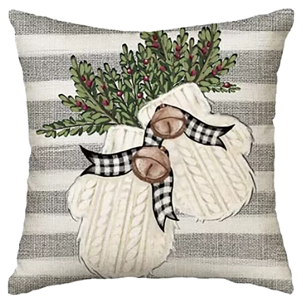 Christmas Forever CUSHION DECORATIVE 16″x16″ MITTENS IVORY/GRAY/GREEN