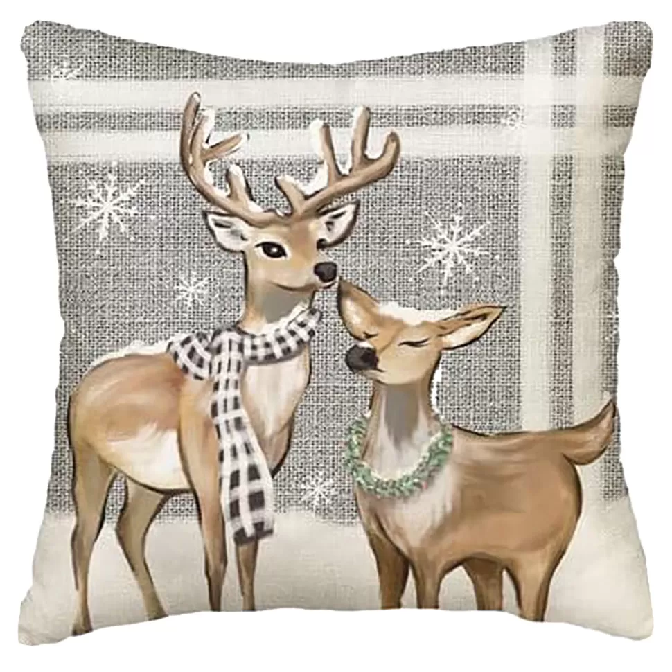 Christmas Forever CUSHION DECORATIVE 16″x16″ REINDEER GRAY/IVORY/BROWN