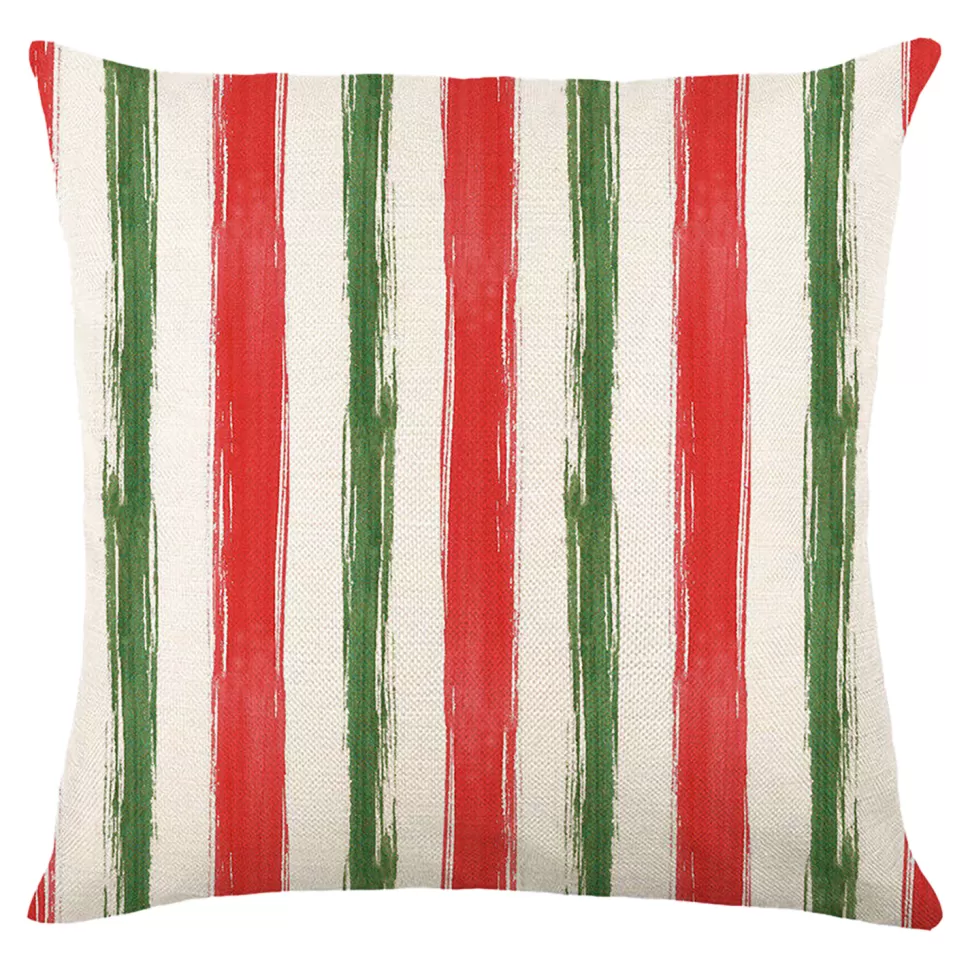 Christmas Forever CUSHION DECORATIVE 16″x16″ STRIPES PRINT IVORY/RED/GREEN
