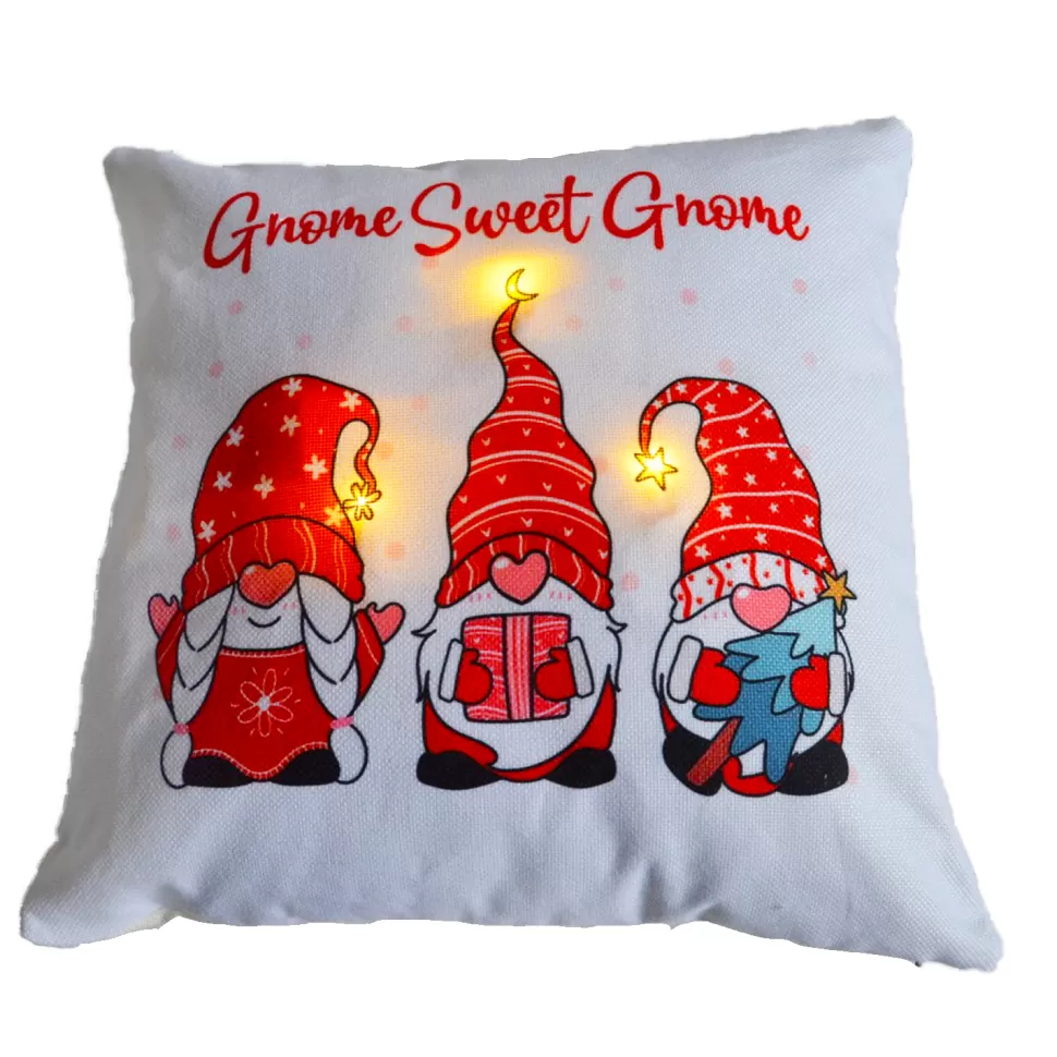 Christmas Forever CUSHION LIGHTED 16″X16″ 3 LED+6/18 TIMER “GNOME SWEET GNOME” WHITE/ RED
