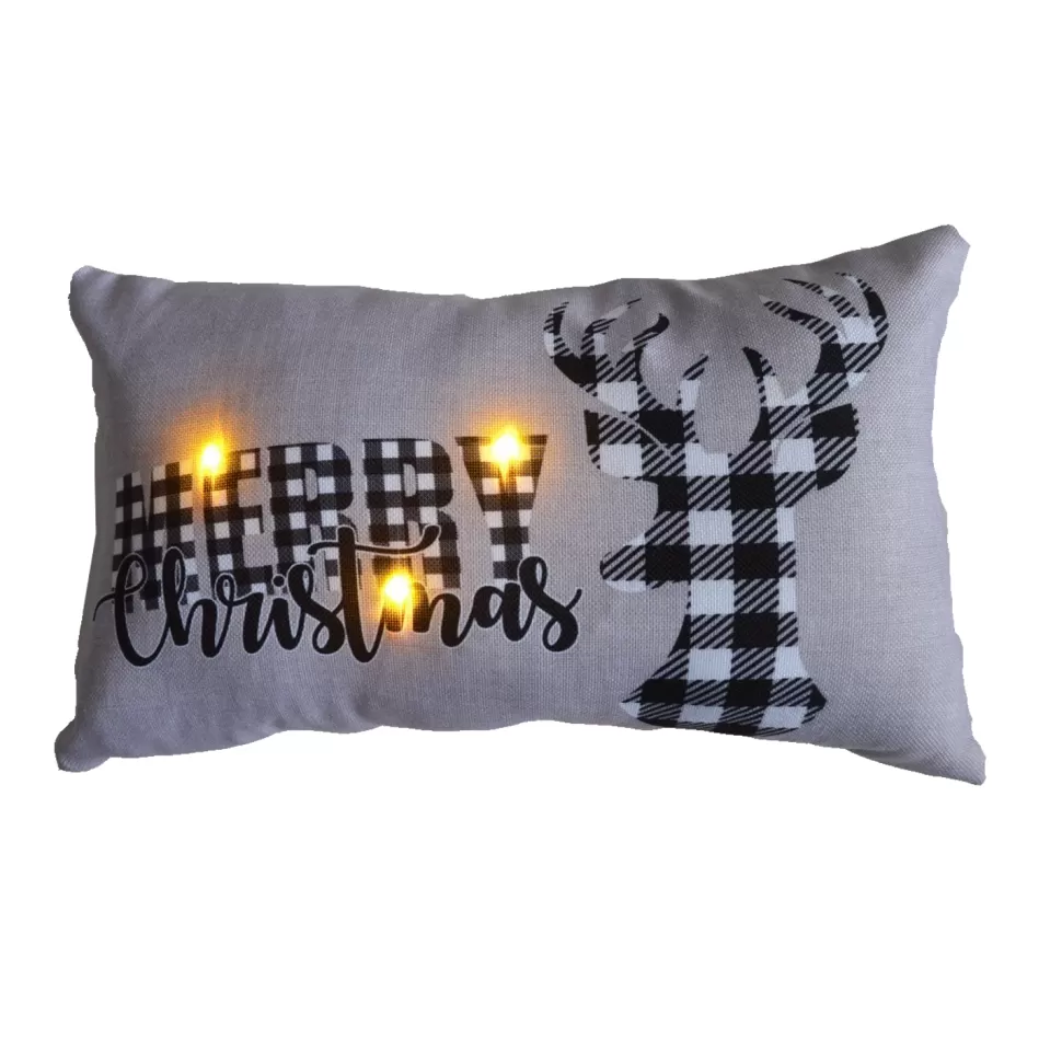 Christmas Forever CUSHION LIGHTED 20″X12″ 3 LED+6/18 TIMER “MERRY CHRISTMAS” W/ REINDEER WHITE/ BLACK
