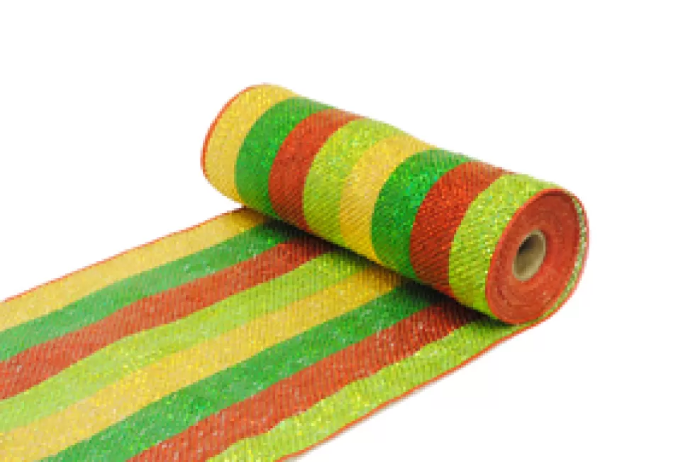 Christmas Forever DECOR MESH 10.5″ X 10 YDS GOLD/ GREEN/ RED STRIPE METALIC