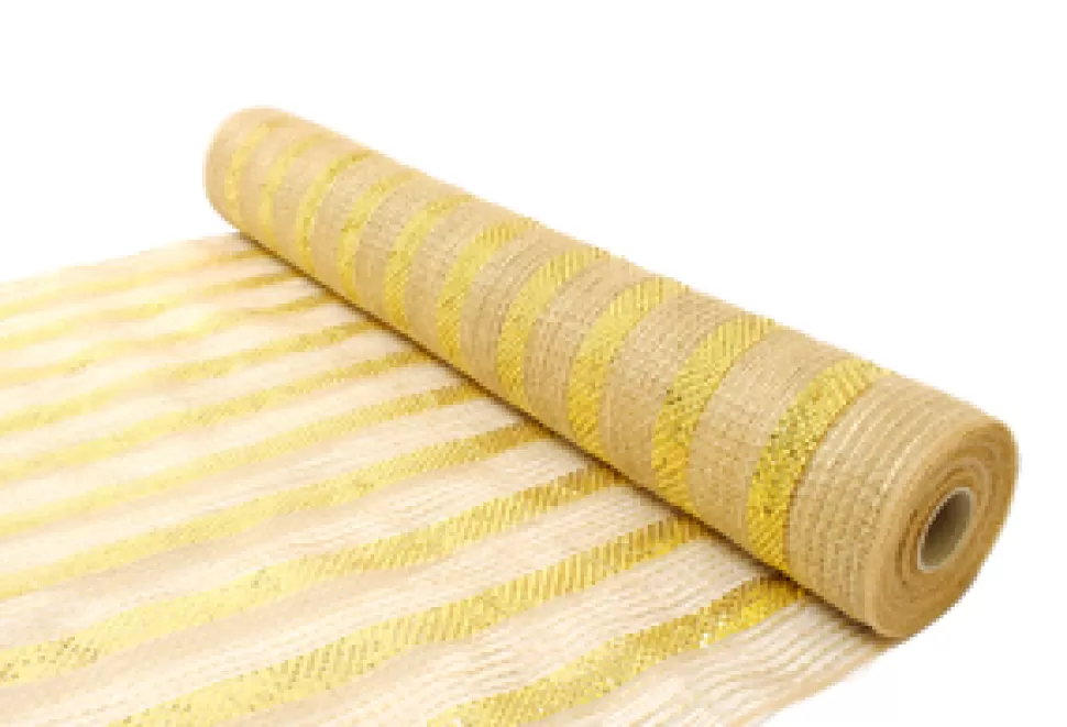 Christmas Forever DECOR MESH 21″ X 10 YDS NATURAL W/JUTE & GOLD STRIPES