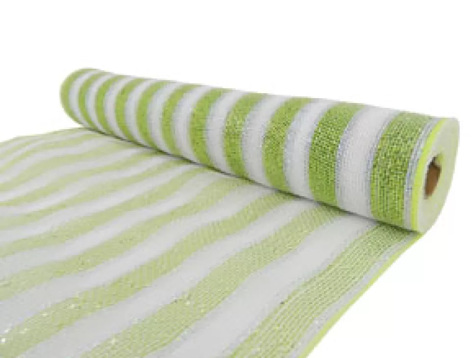 Christmas Forever DECOR MESH 21″ X 10 YDS WHITE W/ LIME/SILVER STRIPE