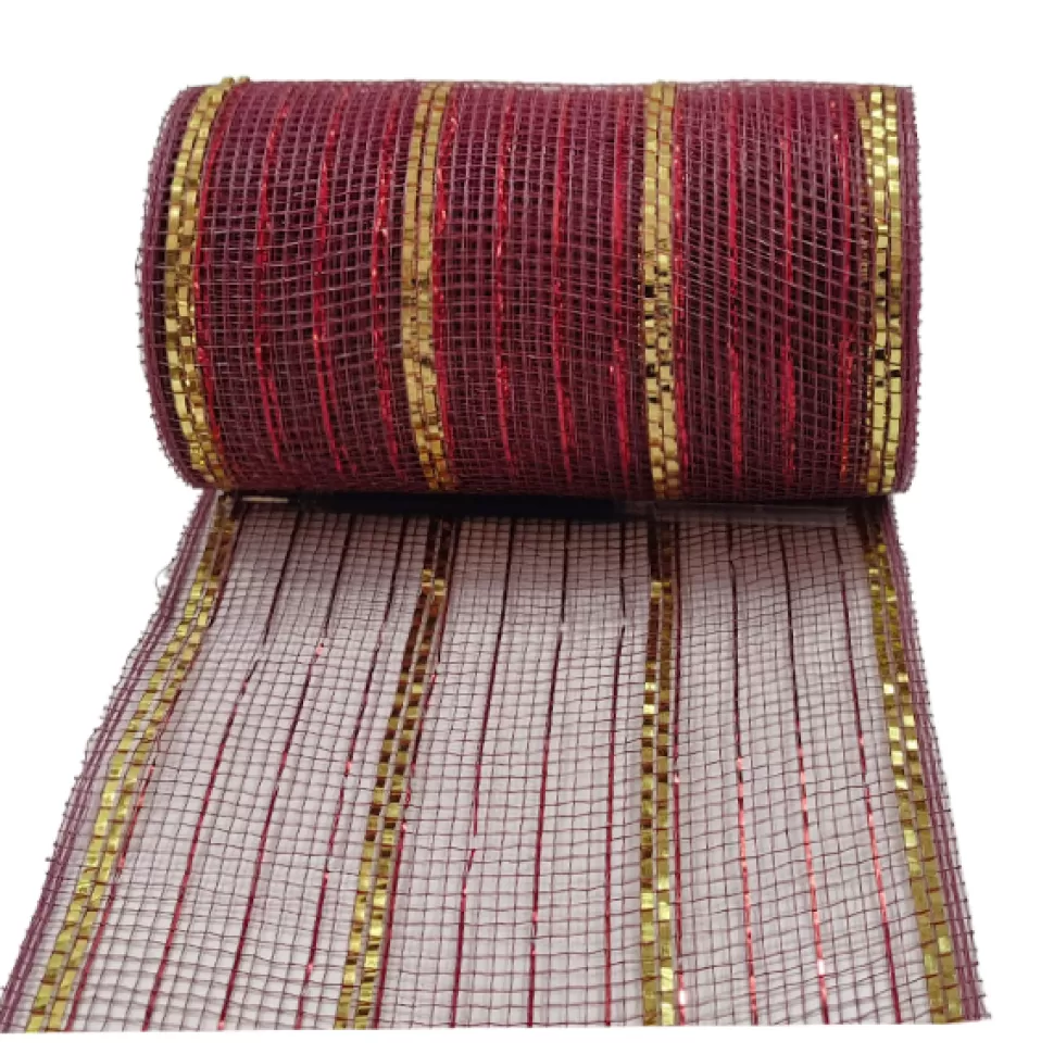 Christmas Forever DECOR MESH 6”x10 YDS. BURGUNDY W/ RED & GOLD METALLIC