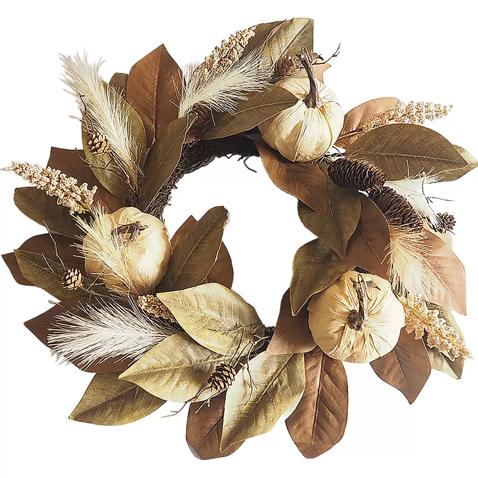 Christmas Forever FALL WREATH 24″ HEMP PUMPKIN/PINECONE W/ MAGNOLIA LEAF NATURAL