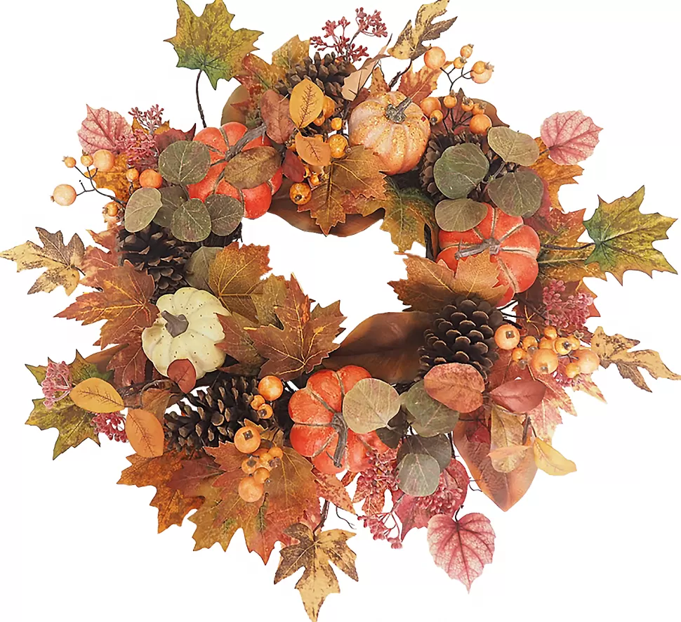 Christmas Forever FALL WREATH 24″ PUMPKIN/PINECONE/MAPLE LEAVES W/ BERRIES ORANGE/MULTI