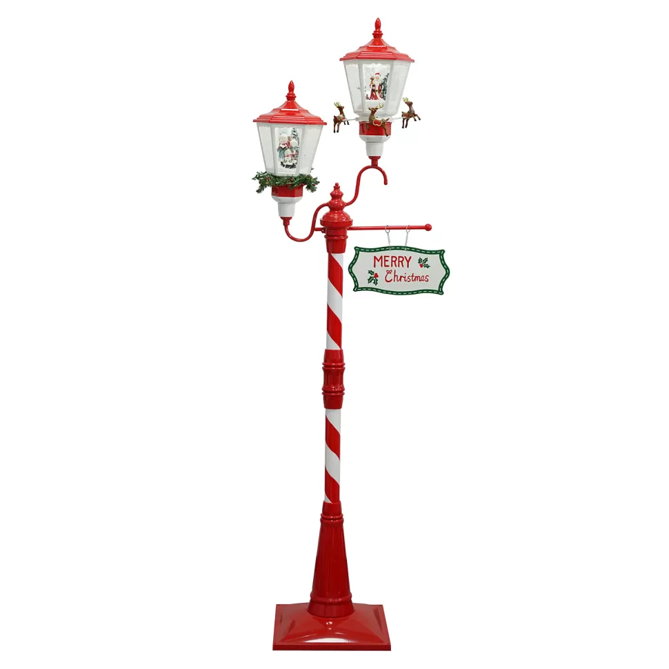 Christmas Forever FLOOR RETRO DOUBLE LANTERN WITH SNOWMAN, SANTA & ROTATING REINDEER SNOWING SCENE 77″