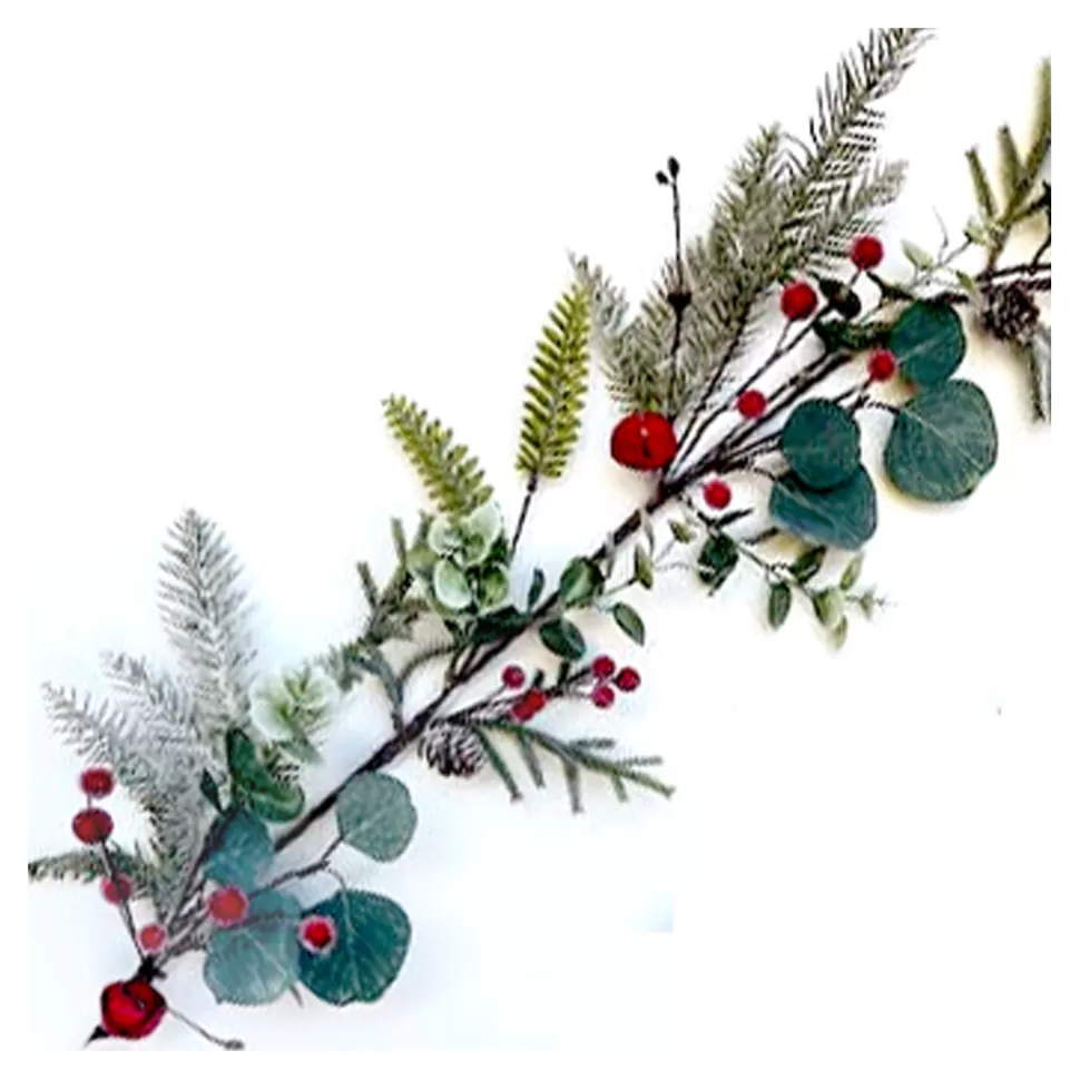 Christmas Forever GARLAND GRN 59″ MIXED GREENERY, RED BERRIES & BELLS