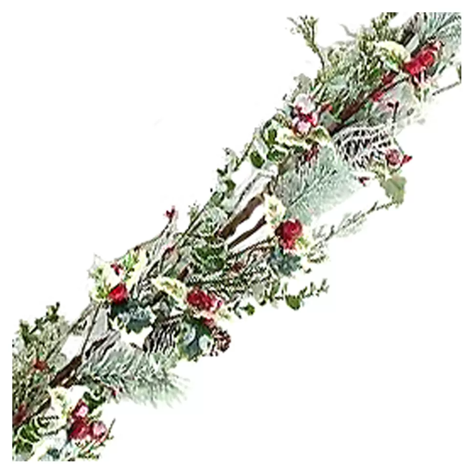 Christmas Forever GARLAND GRN 60″ HOLLY LEAF, MIXED GREENS, RED BERRIES & CONES FROSTED