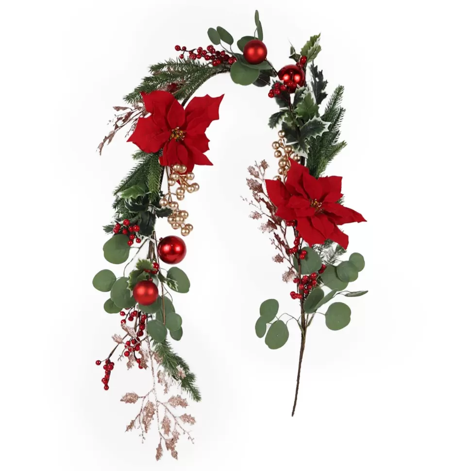 Christmas Forever GARLAND GRN 60″ RED POINSETTIA / BERRY & BALLS