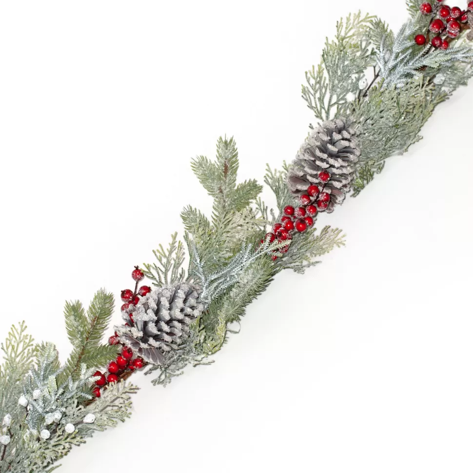 Christmas Forever GARLAND GRN 72″ MIXED PINE, CEDAR, RED BERRIES,& CONES FROSTED & ICED