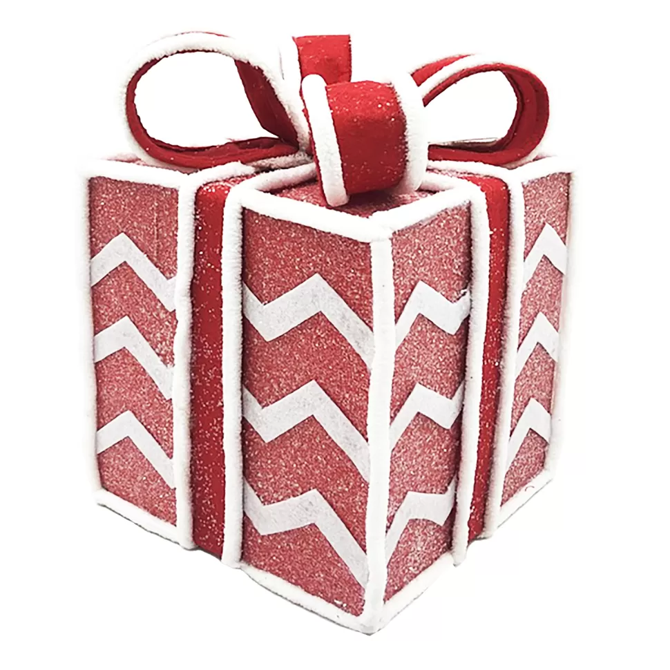 Christmas Forever GIFT BOX CANDY CANE TABLE DECOR 6.5″x8.5″ RED/WHITE W/ FAUX FAUR TRIM & GLITTER