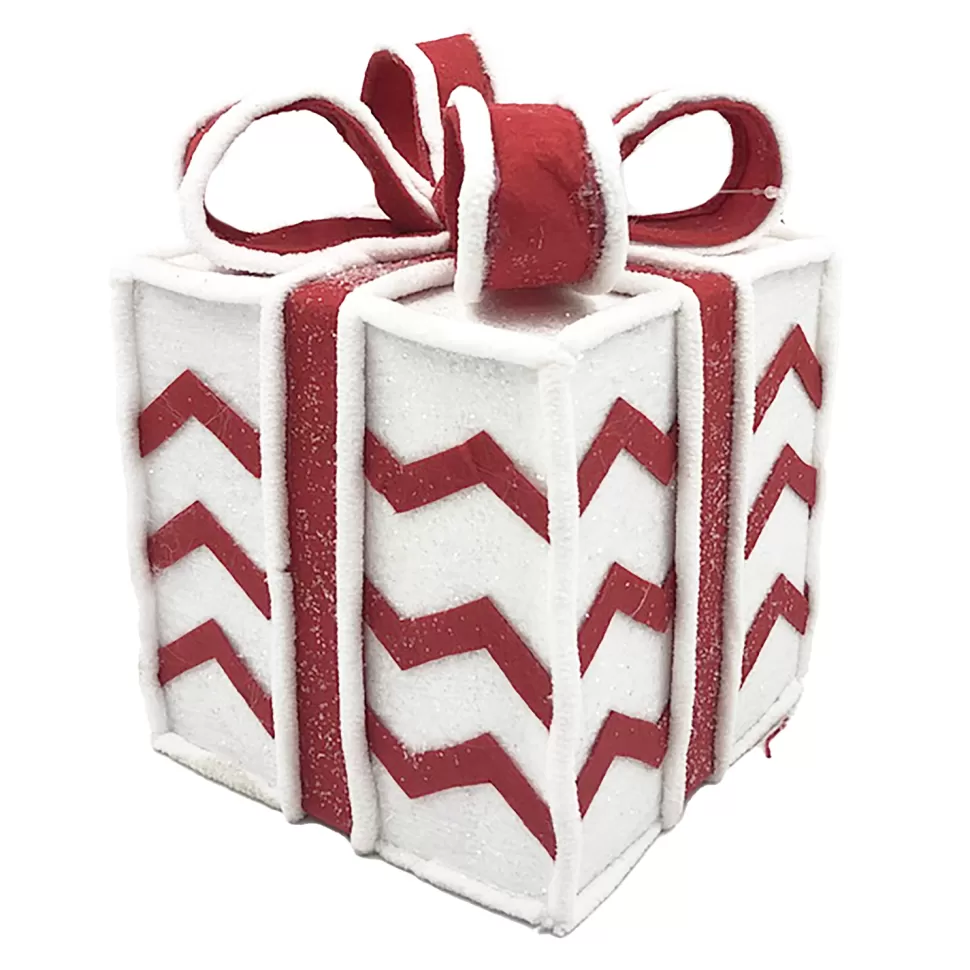 Christmas Forever GIFT BOX CANDY CANE TABLE DECOR 6.5″x8.5″ RED/WHITE W/ FAUX FAUR TRIM & GLITTER