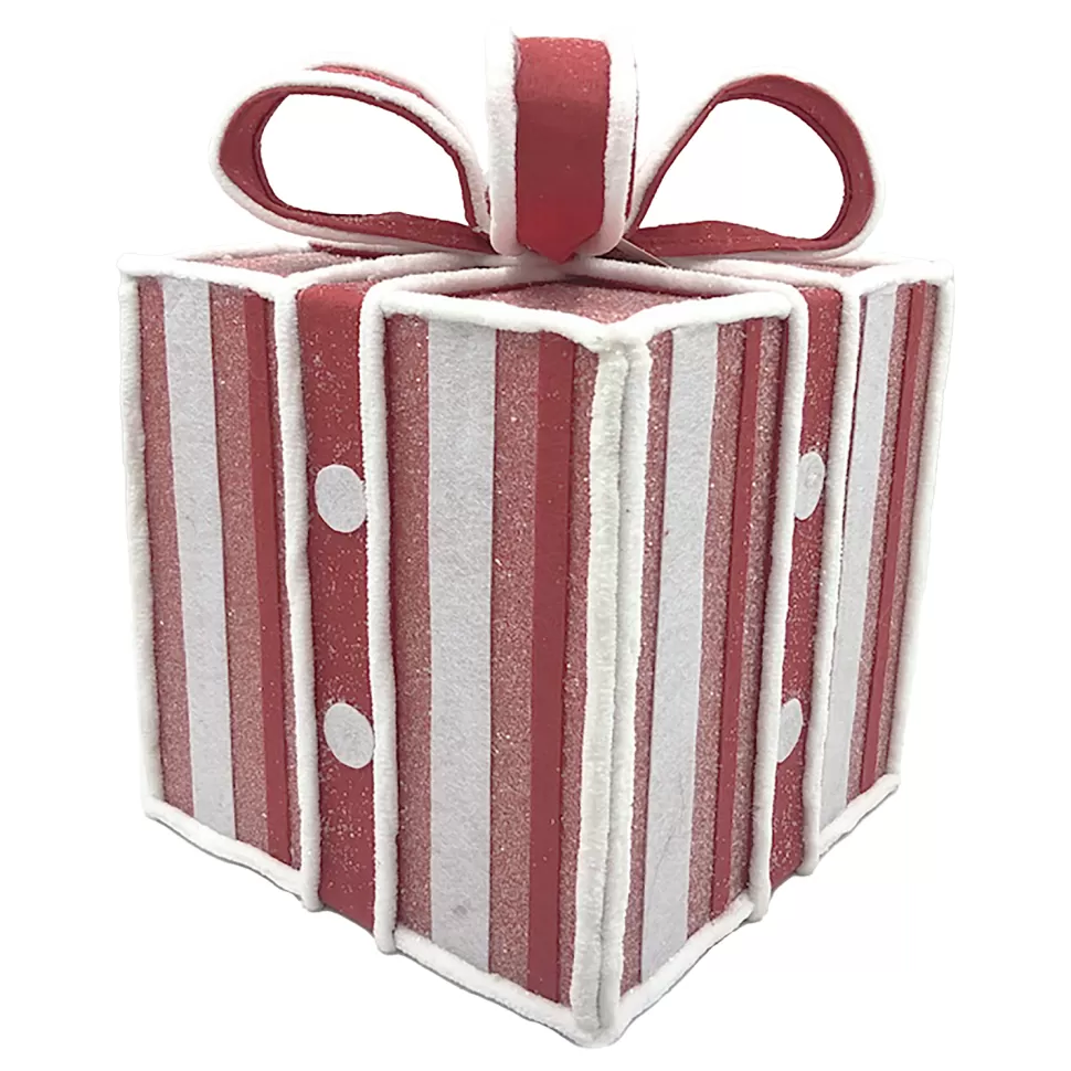 Christmas Forever GIFT BOX CANDY CANE TABLE DECOR 8.5″x11″ RED/WHITE W/ FAUX FAUR TRIM & GLITTER