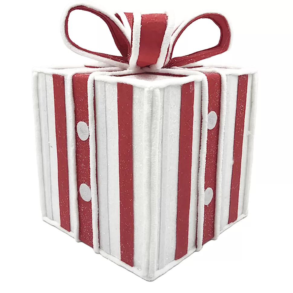 Christmas Forever GIFT BOX CANDY CANE TABLE DECOR 8.5″x11″ RED/WHITE W/ FAUX FAUR TRIM & GLITTER