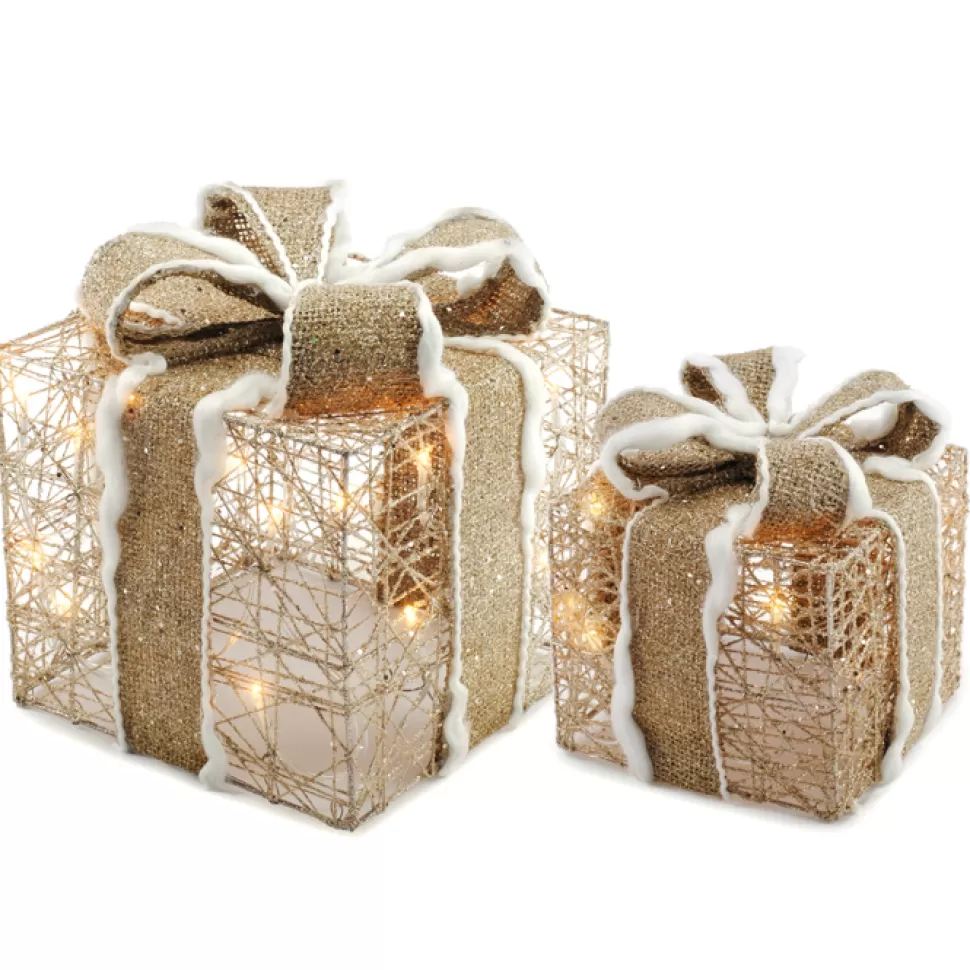 Christmas Forever GIFT BOX CHAMP CTN & LINEN GLTR 8″/6″ W/ 30 LED /TIMER (SET OF 2)