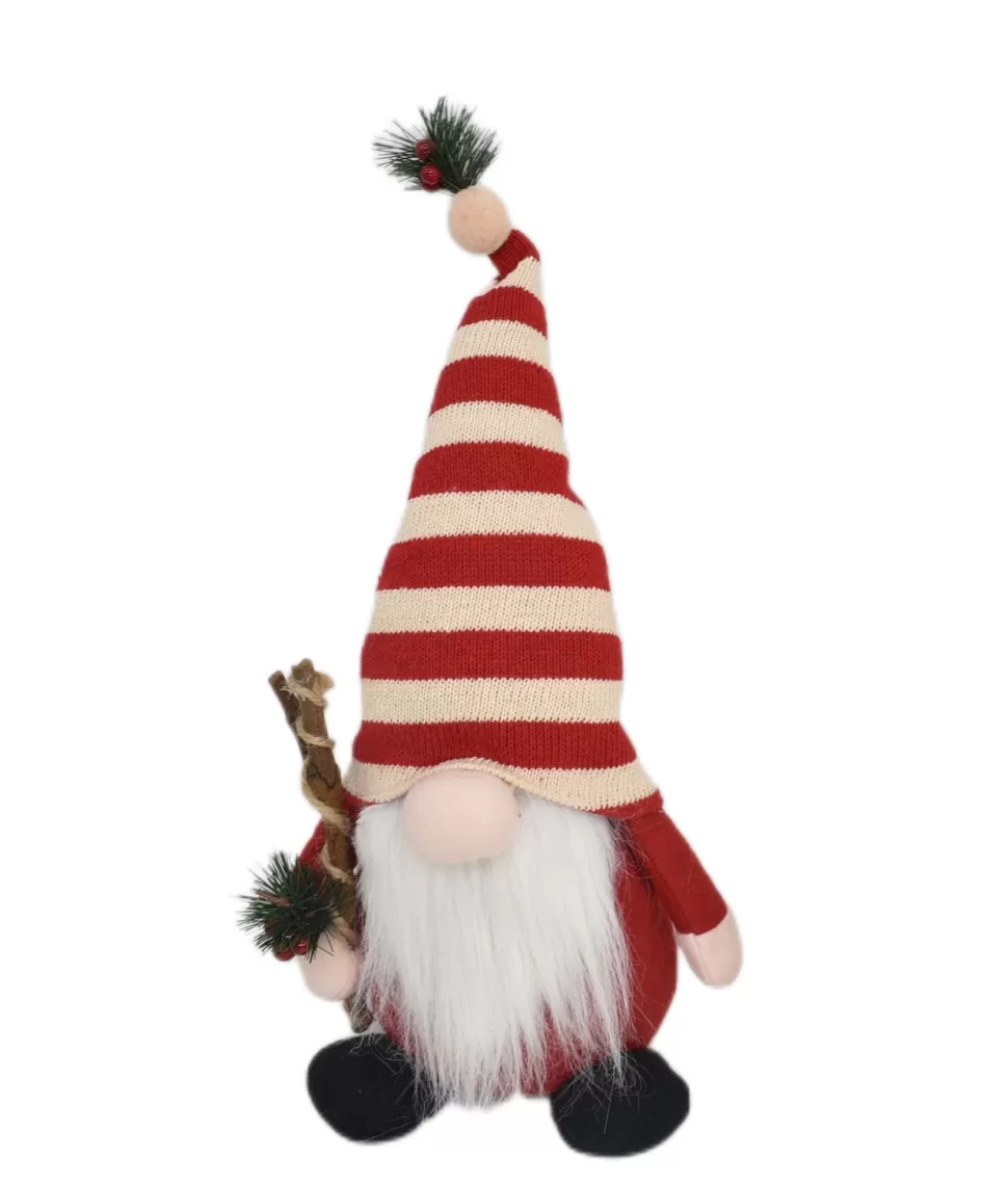 Christmas Forever GNOME PLUSH STANDING WITH RED/WHITE STRIPES HAT HOLDING PINE AND BERRY 16″H