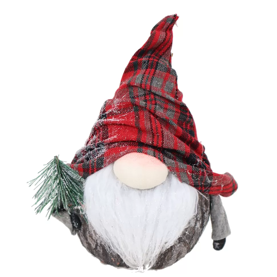 Christmas Forever GNOME WOOD LOOK 8.5″ FROSTED HOLDING TREE RED PLAID