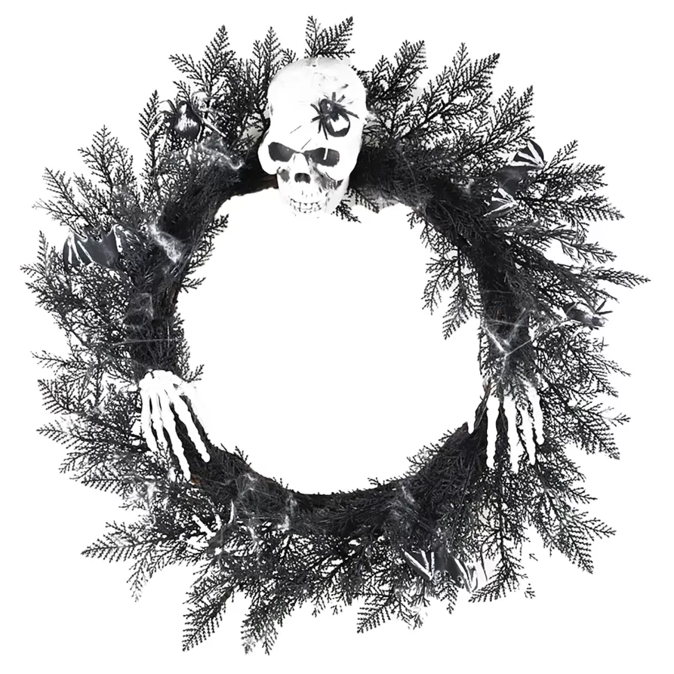 Christmas Forever HALLOWEEN WREATH 22″ PINE W/ SKULL, BAT & SPIDER BLACK/WHITE