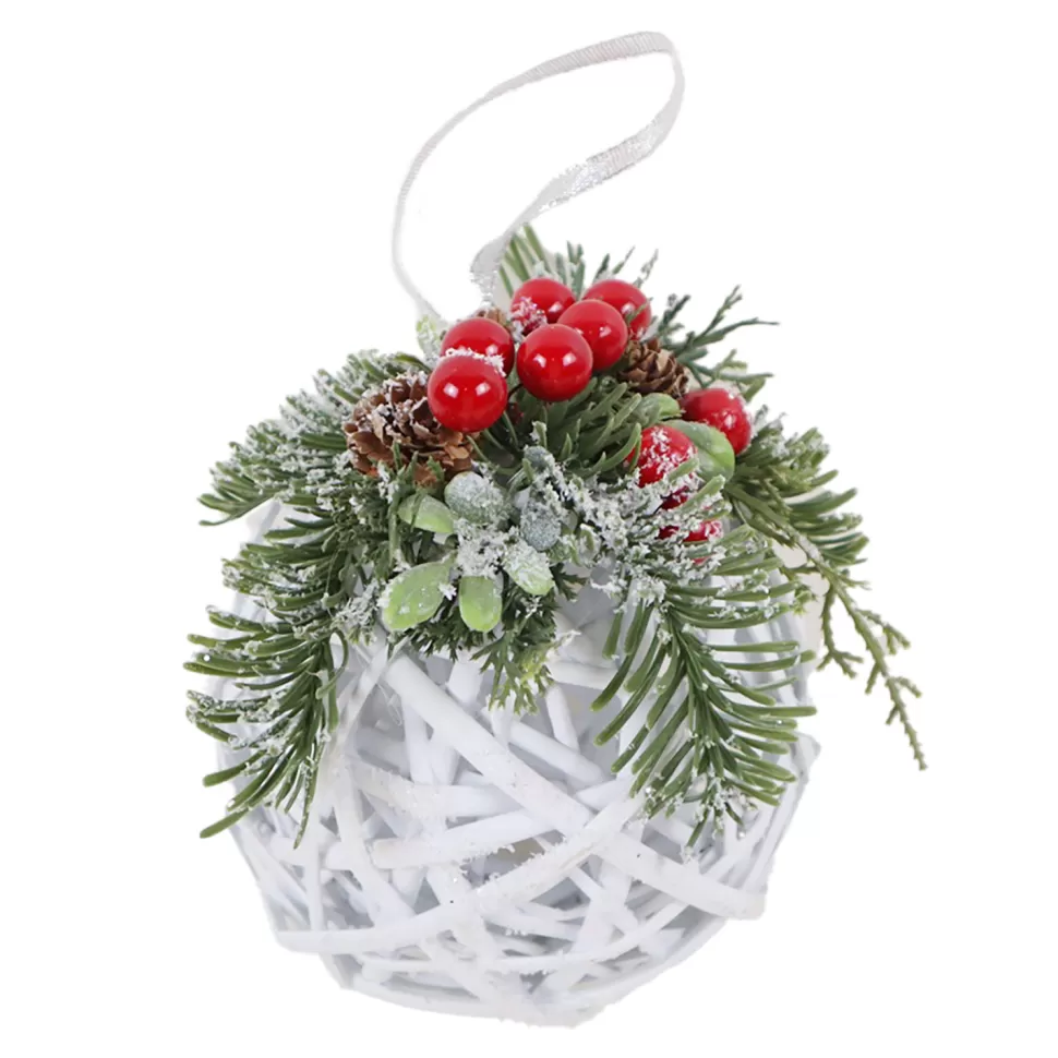Christmas Forever HANGING BALL 6″ WHITE TWIGS W/ RED BERRY & MIXED PINE