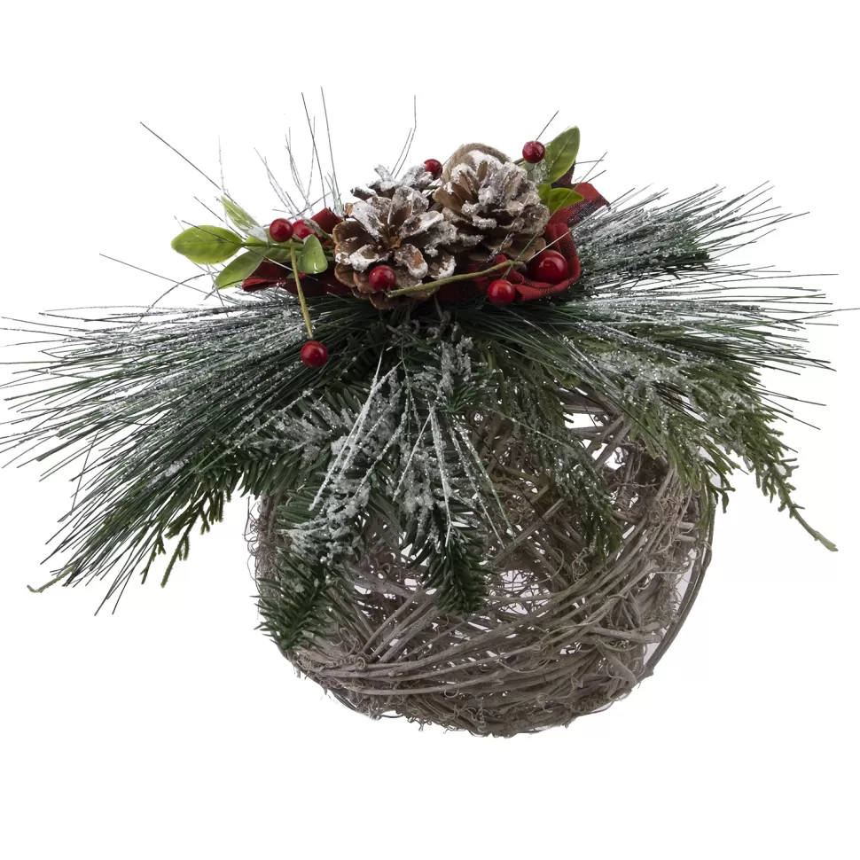 Christmas Forever HANGING BALL 8″ BROWN RATTAN W/ RED BERRIES FROSTED PINE & CONES W/ RED/ BLK PLAID BOW