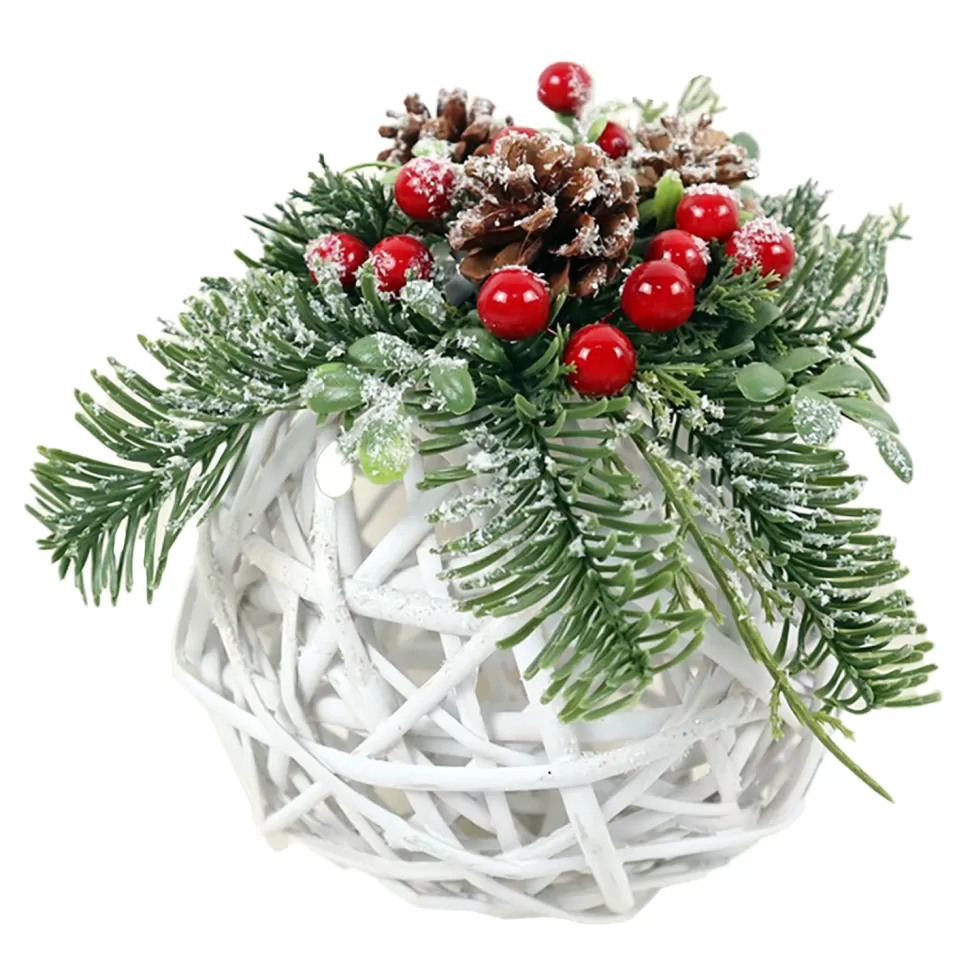 Christmas Forever HANGING BALL 8″ RATTAN W/ RED BERRIES AND PINE FROSTED