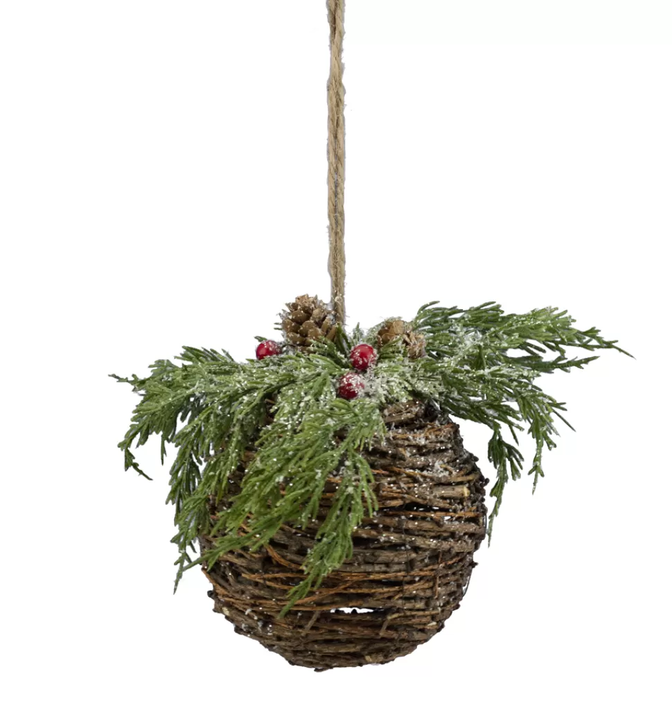 Christmas Forever HANGING BALL FROSTED 5″ NATURAL VINE W/ CEDAR & RED BERRIES