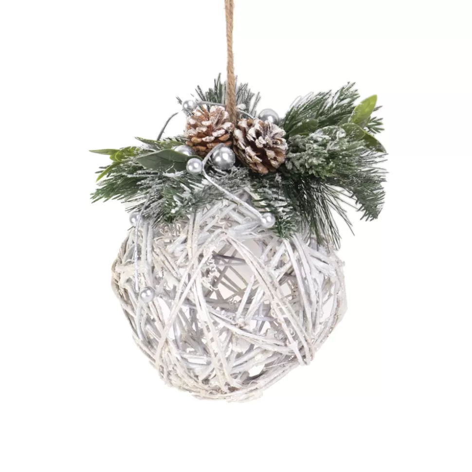 Christmas Forever HANGING RATTAN BALL FROSTED 6″ W/ NEEDLE PINE & PINE CONES
