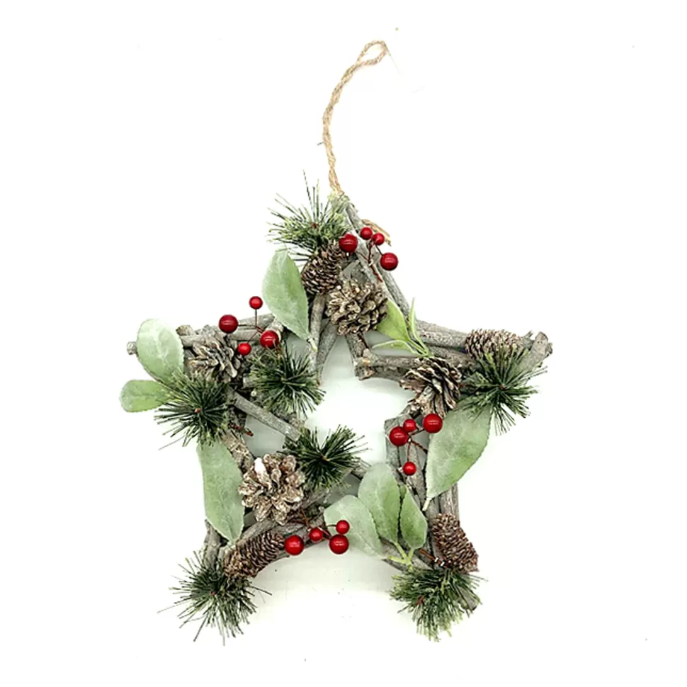 Christmas Forever HANGING STAR 17″ RED BERRIES W/ NEEDLE PINE & CONES