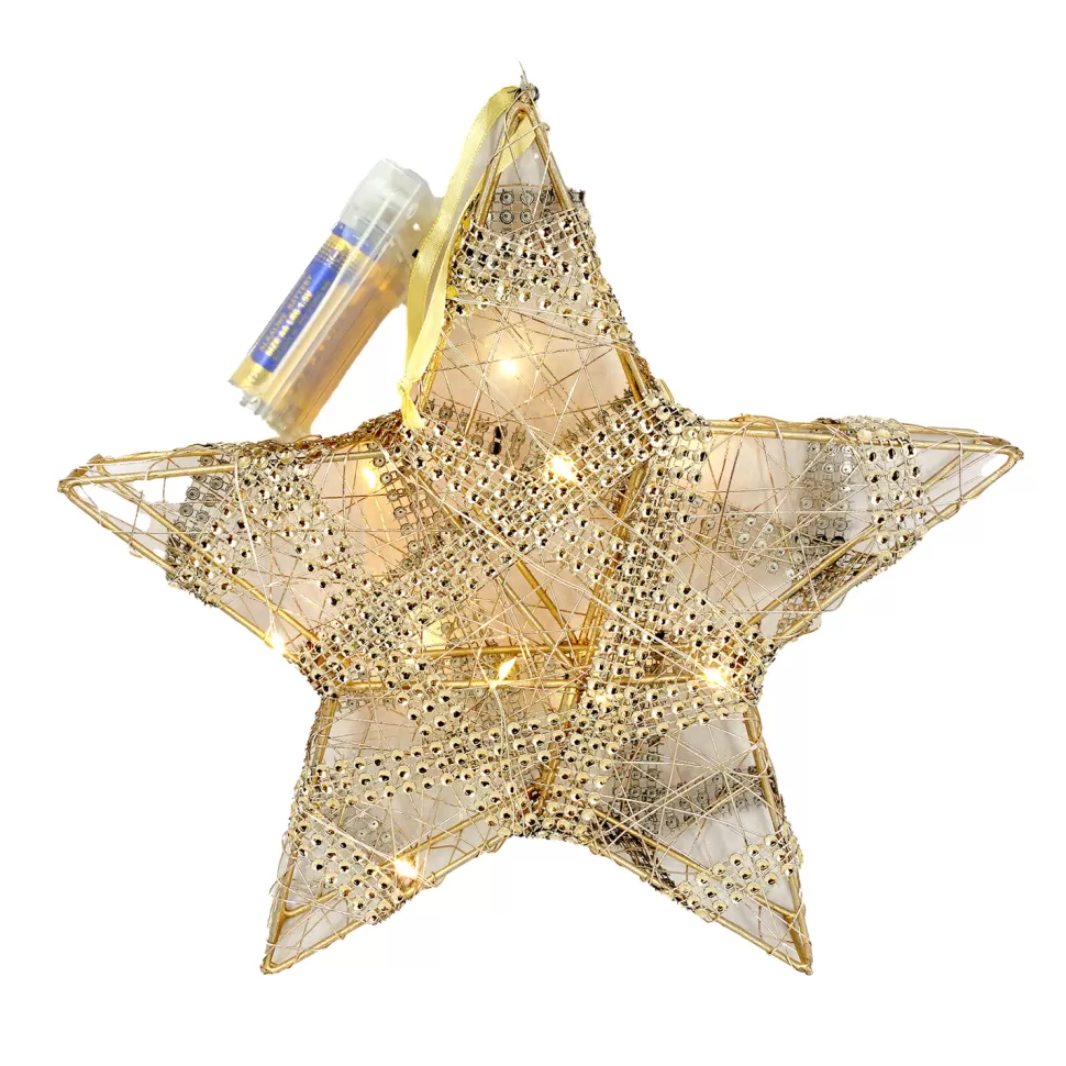 Christmas Forever HANGING STAR WIRE 10″ CHAMPAGNE GOLD WITH 10 LED LIGHTS & GLITTER