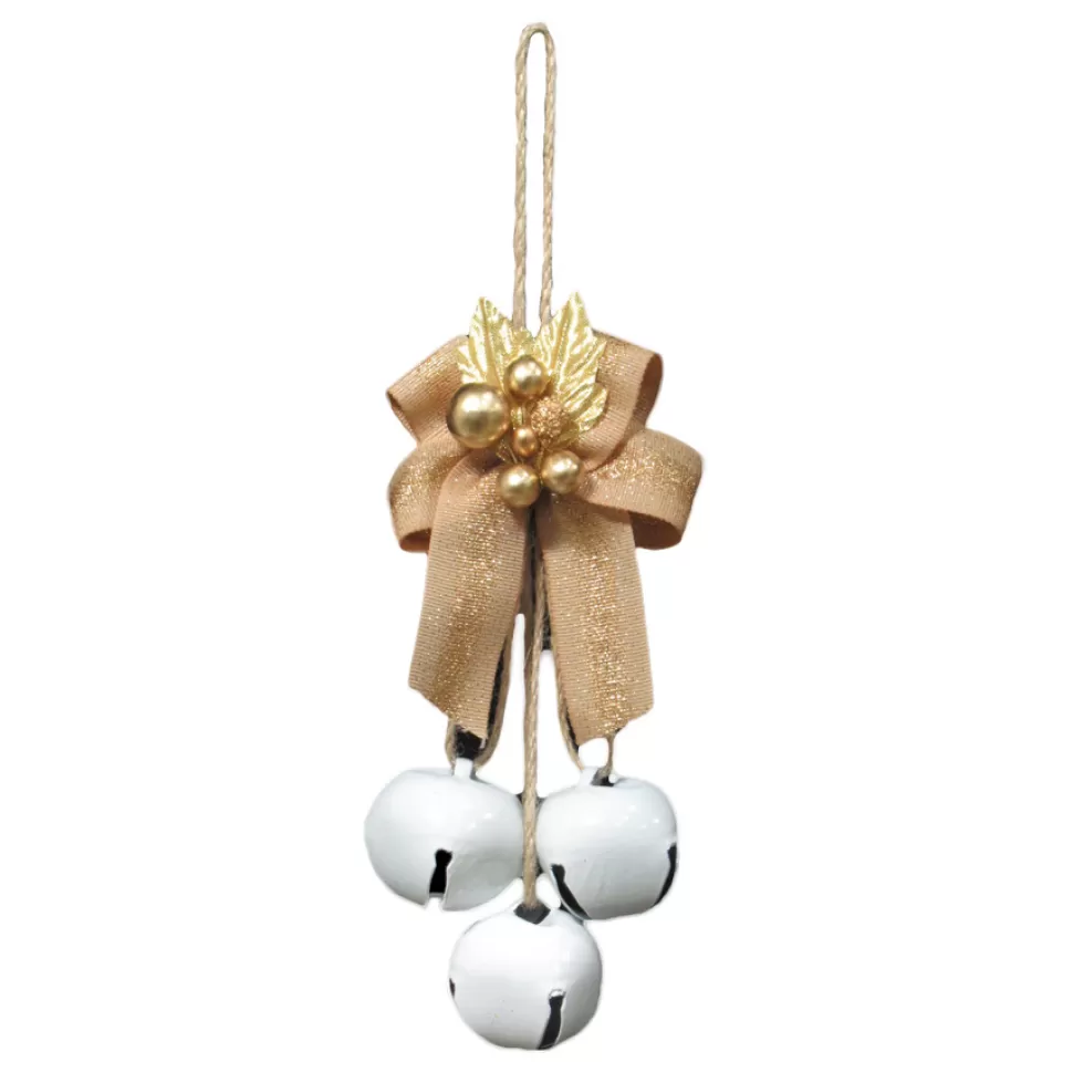 Christmas Forever JINGLE BELL WHITEx3 35MM W/ TAN RIBBON BOW & GOLD LVS./BERRIES
